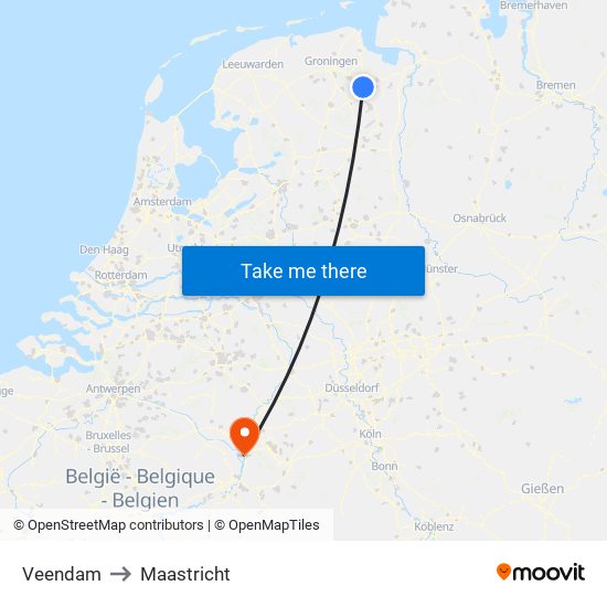 Veendam to Maastricht map