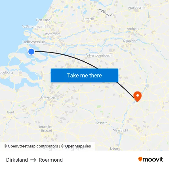 Dirksland to Roermond map