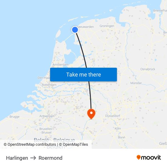 Harlingen to Roermond map