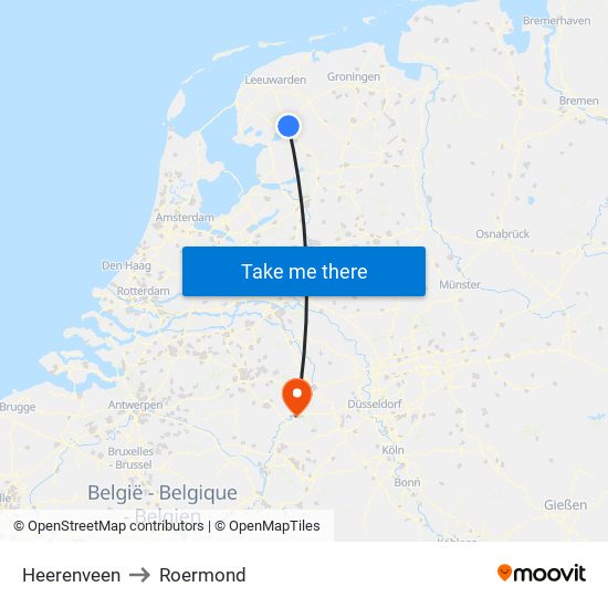 Heerenveen to Roermond map