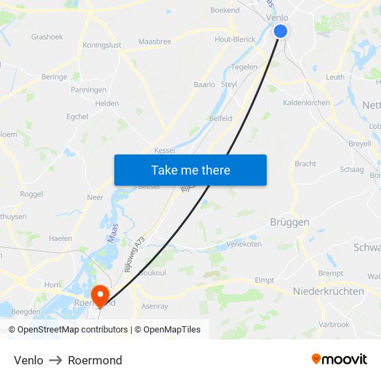 Venlo to Roermond map