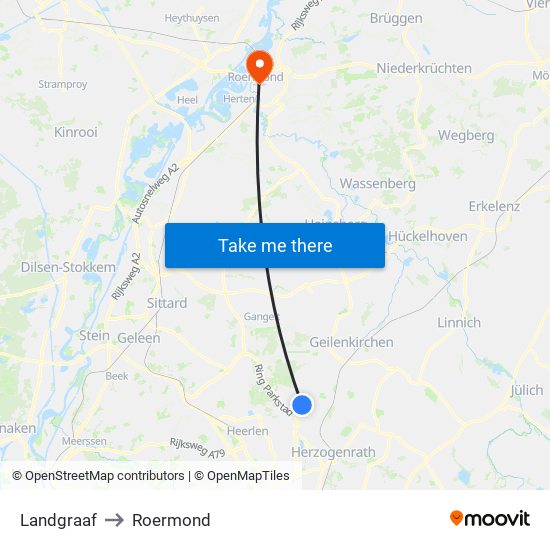 Landgraaf to Roermond map