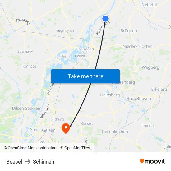 Beesel to Schinnen map