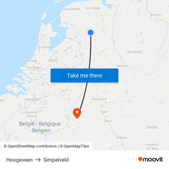 Hoogeveen to Simpelveld map