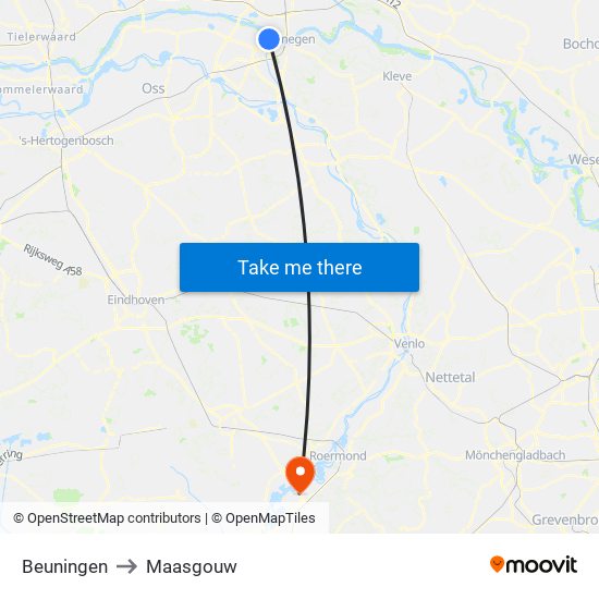 Beuningen to Maasgouw map