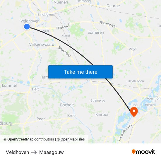 Veldhoven to Maasgouw map