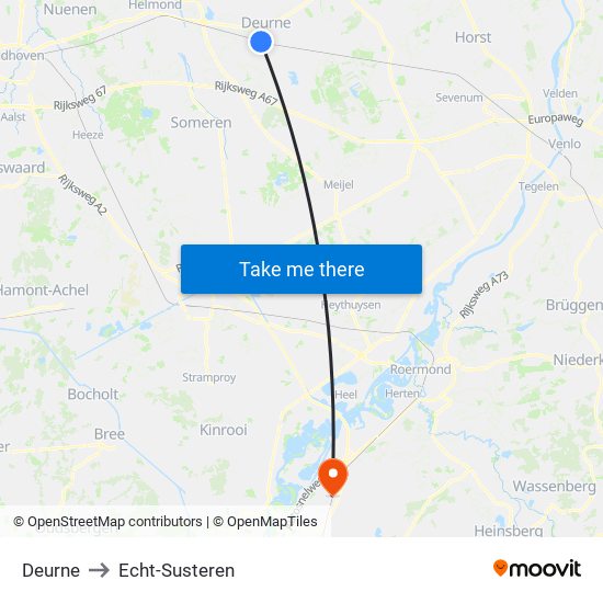 Deurne to Echt-Susteren map