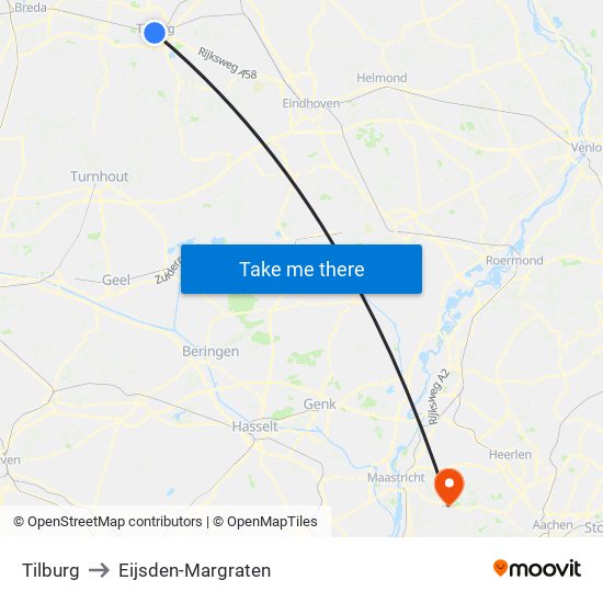 Tilburg to Eijsden-Margraten map