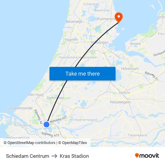 Schiedam Centrum to Kras Stadion map