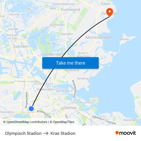 Olympisch Stadion to Kras Stadion map