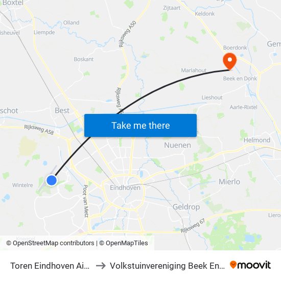 Toren Eindhoven Airport to Volkstuinvereniging Beek En Donk map