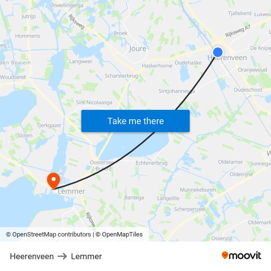 Heerenveen to Lemmer map