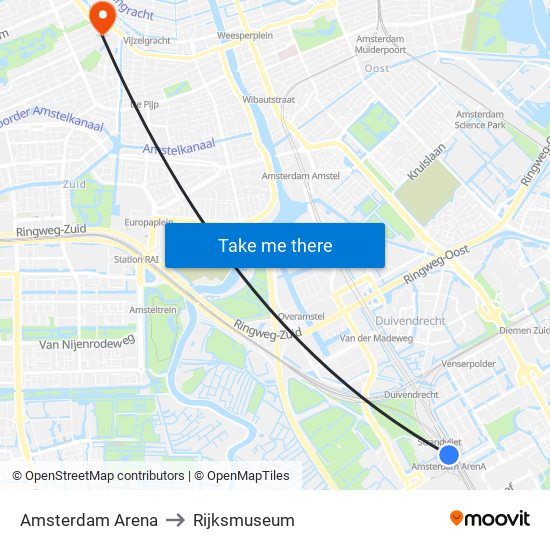 Amsterdam Arena to Rijksmuseum map