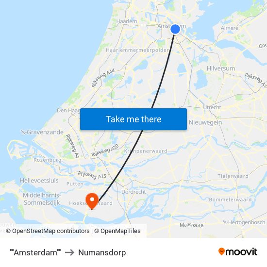 ""Amsterdam"" to Numansdorp map