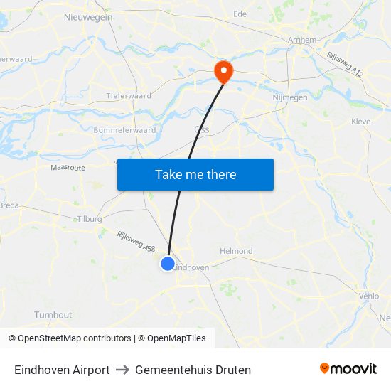 Eindhoven Airport to Gemeentehuis Druten map