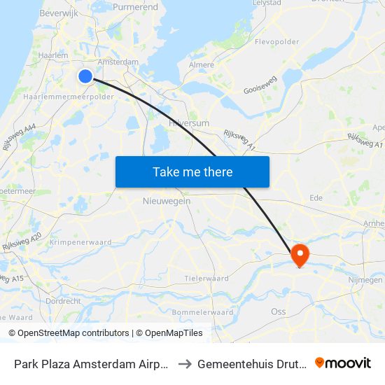 Park Plaza Amsterdam Airport to Gemeentehuis Druten map