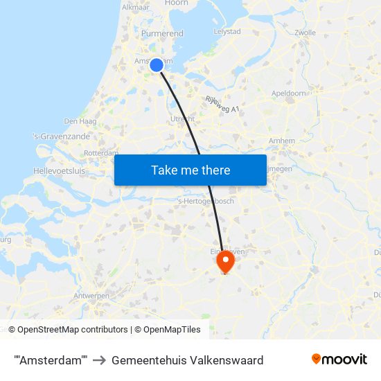 ""Amsterdam"" to Gemeentehuis Valkenswaard map