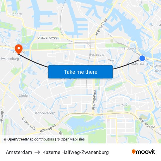 Amsterdam to Kazerne Halfweg-Zwanenburg map