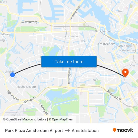 Park Plaza Amsterdam Airport to Amstelstation map