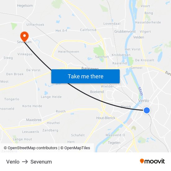 Venlo to Sevenum map