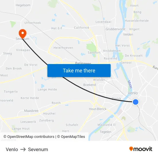 Venlo to Sevenum map