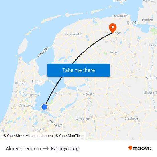 Almere Centrum to Kapteynborg map