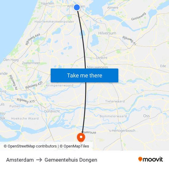 Amsterdam to Gemeentehuis Dongen map