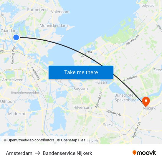 Amsterdam to Bandenservice Nijkerk map