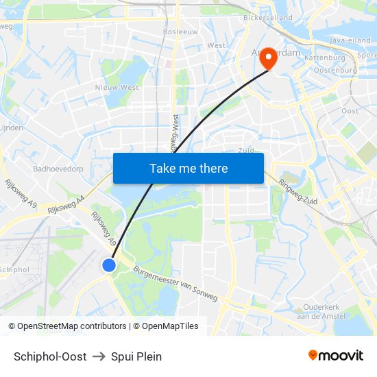 Schiphol-Oost to Spui Plein map