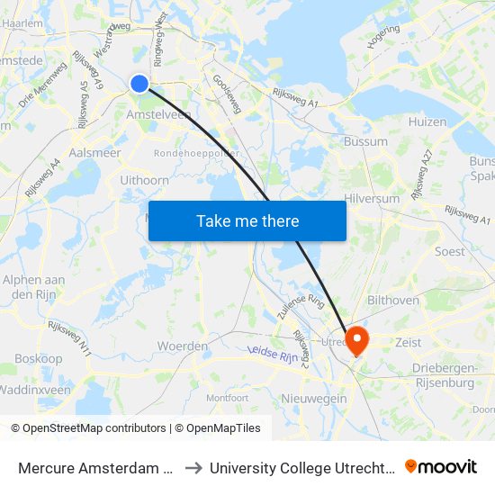 Mercure Amsterdam Airport to University College Utrecht 'Locke' map