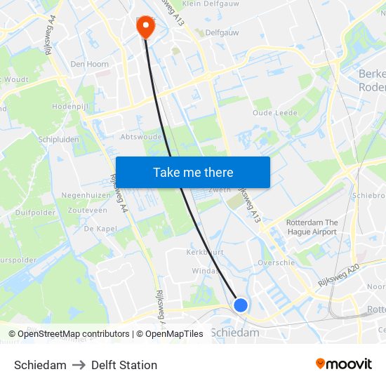 Schiedam to Delft Station map