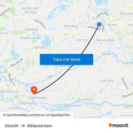 Utrecht to Alblasserdam map