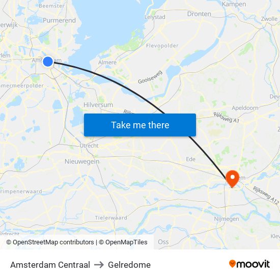 Amsterdam Centraal to Gelredome map