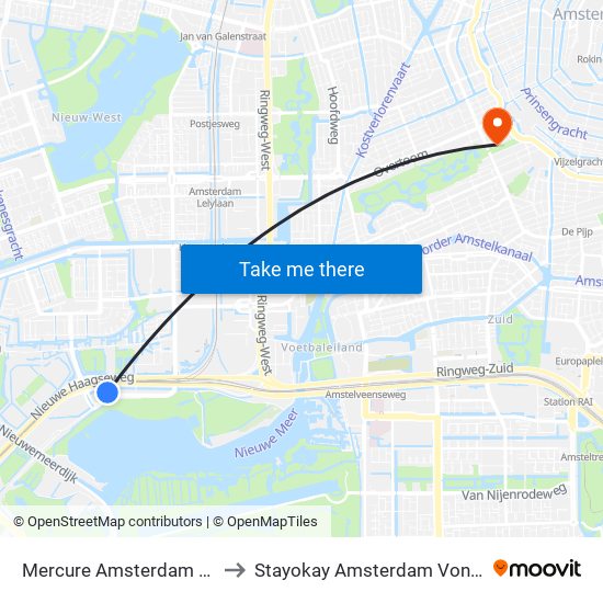 Mercure Amsterdam Airport to Stayokay Amsterdam Vondelpark map