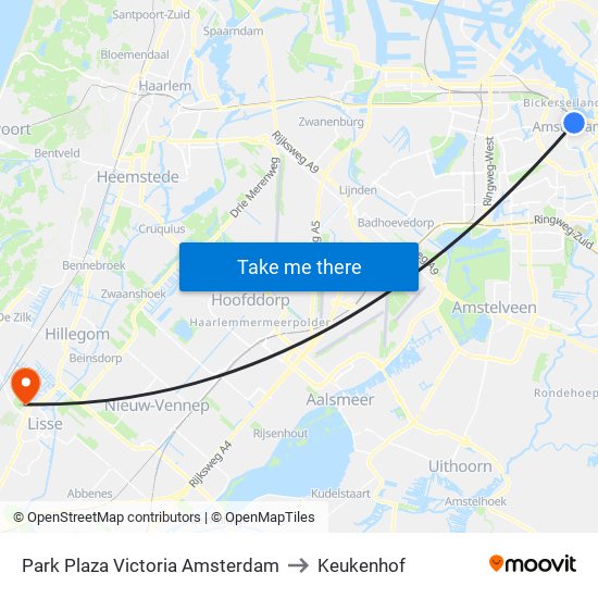 Park Plaza Victoria Amsterdam to Keukenhof map