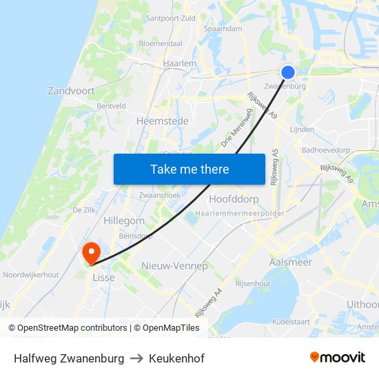 Halfweg Zwanenburg to Keukenhof map