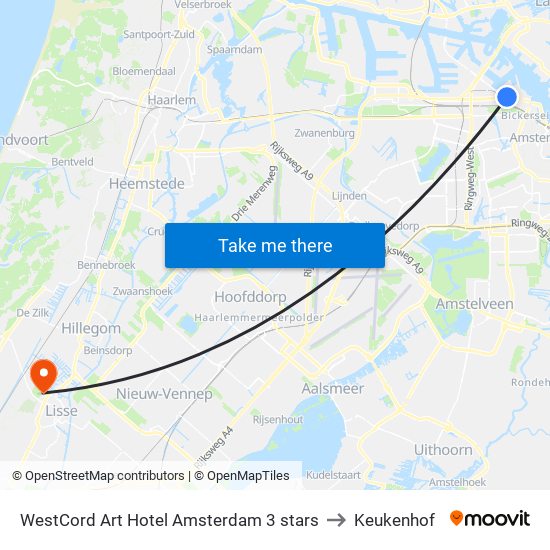 WestCord Art Hotel Amsterdam 3 stars to Keukenhof map