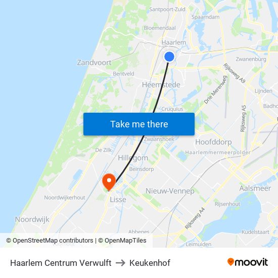 Haarlem Centrum Verwulft to Keukenhof map