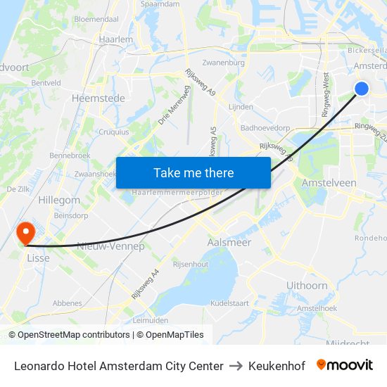 Leonardo Hotel Amsterdam City Center to Keukenhof map