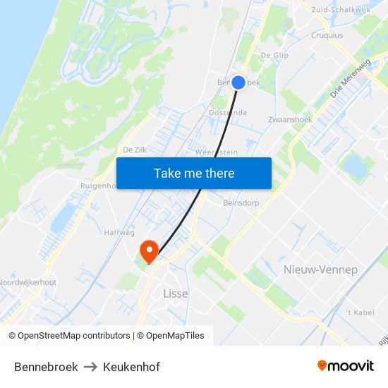 Bennebroek to Keukenhof map