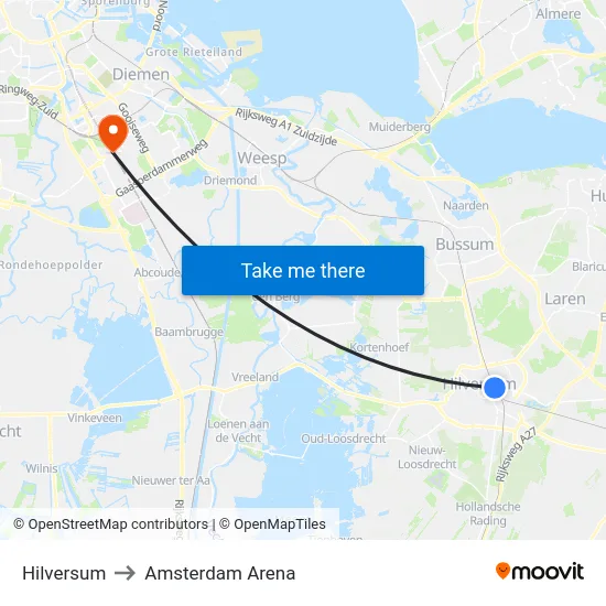 Hilversum to Amsterdam Arena map