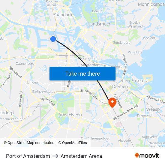 Port of Amsterdam to Amsterdam Arena map