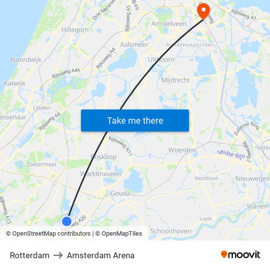 Rotterdam to Amsterdam Arena map