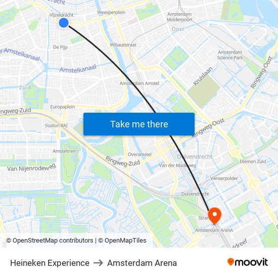 Heineken Experience to Amsterdam Arena map