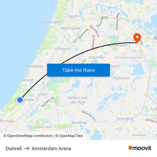 Duinrell to Amsterdam Arena map