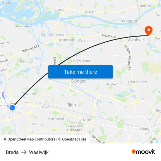 Breda to Waalwijk map