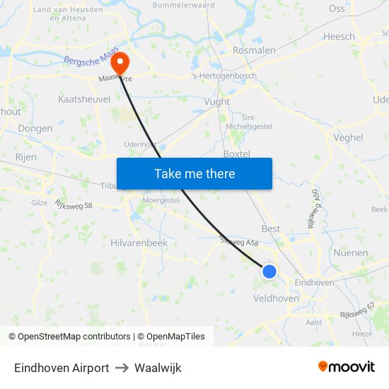 Eindhoven Airport to Waalwijk map