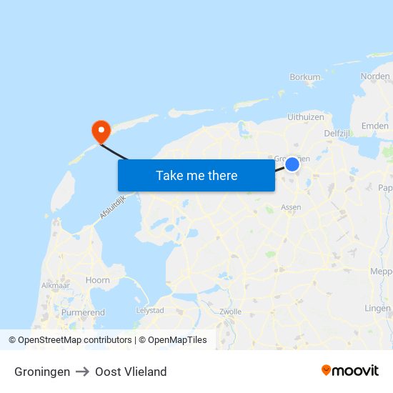 Groningen to Oost Vlieland map