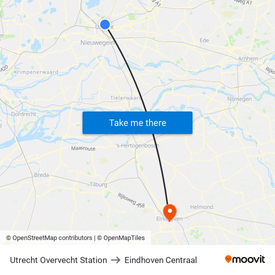 Utrecht Overvecht Station to Eindhoven Centraal map