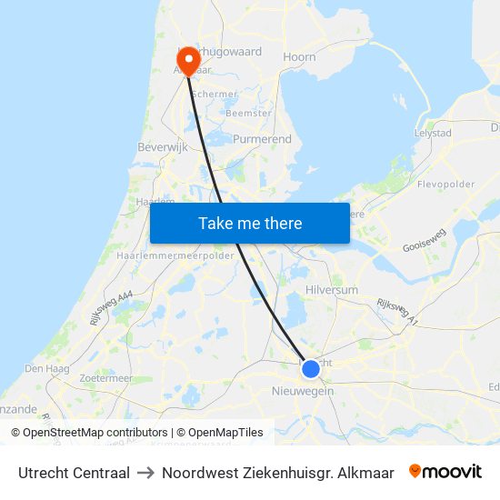 Utrecht Centraal to Noordwest Ziekenhuisgr. Alkmaar map